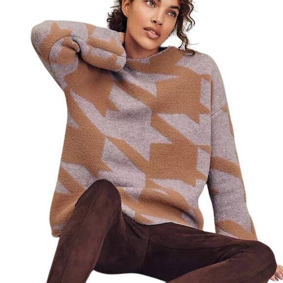 Ann Taylor Sweaters - Ann Taylor Houndstooth Jacquard Mock Neck Sweater Brown Pullover Womens Size XS